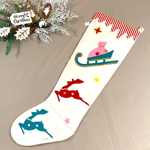 Vintage Christmas Stocking Sleigh And Reindeer Design Made In Japan Mid Century - Picture 1 of 16
